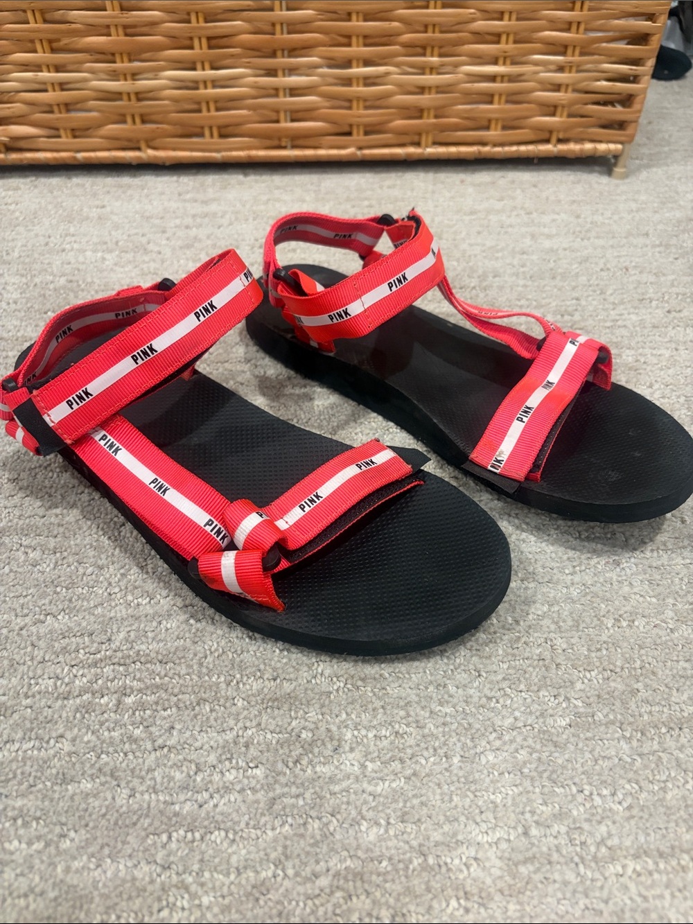 PINK Black Sandals with Red Logo Straps